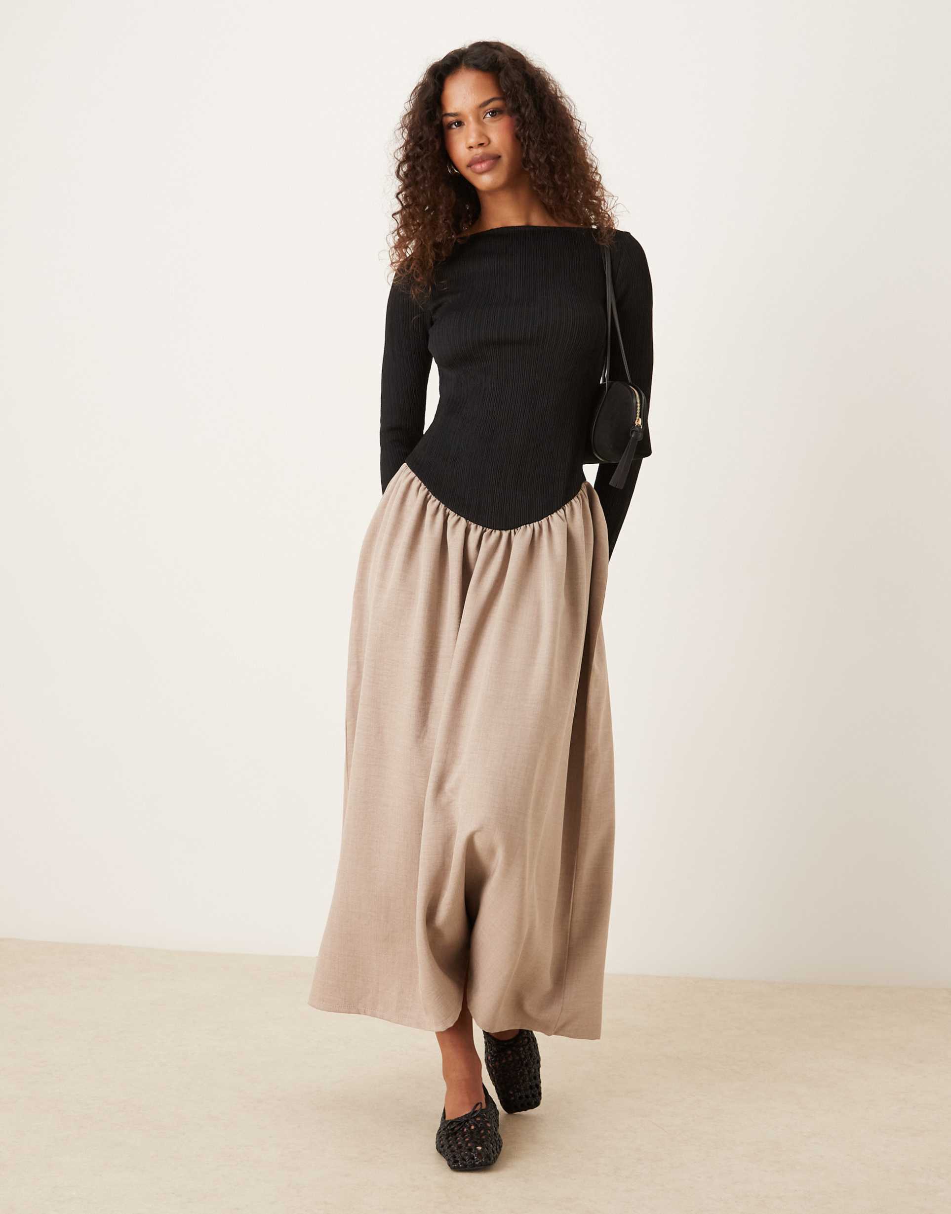 asos design long sleeve slash neck dipped dropped waist midi dress in black and beige