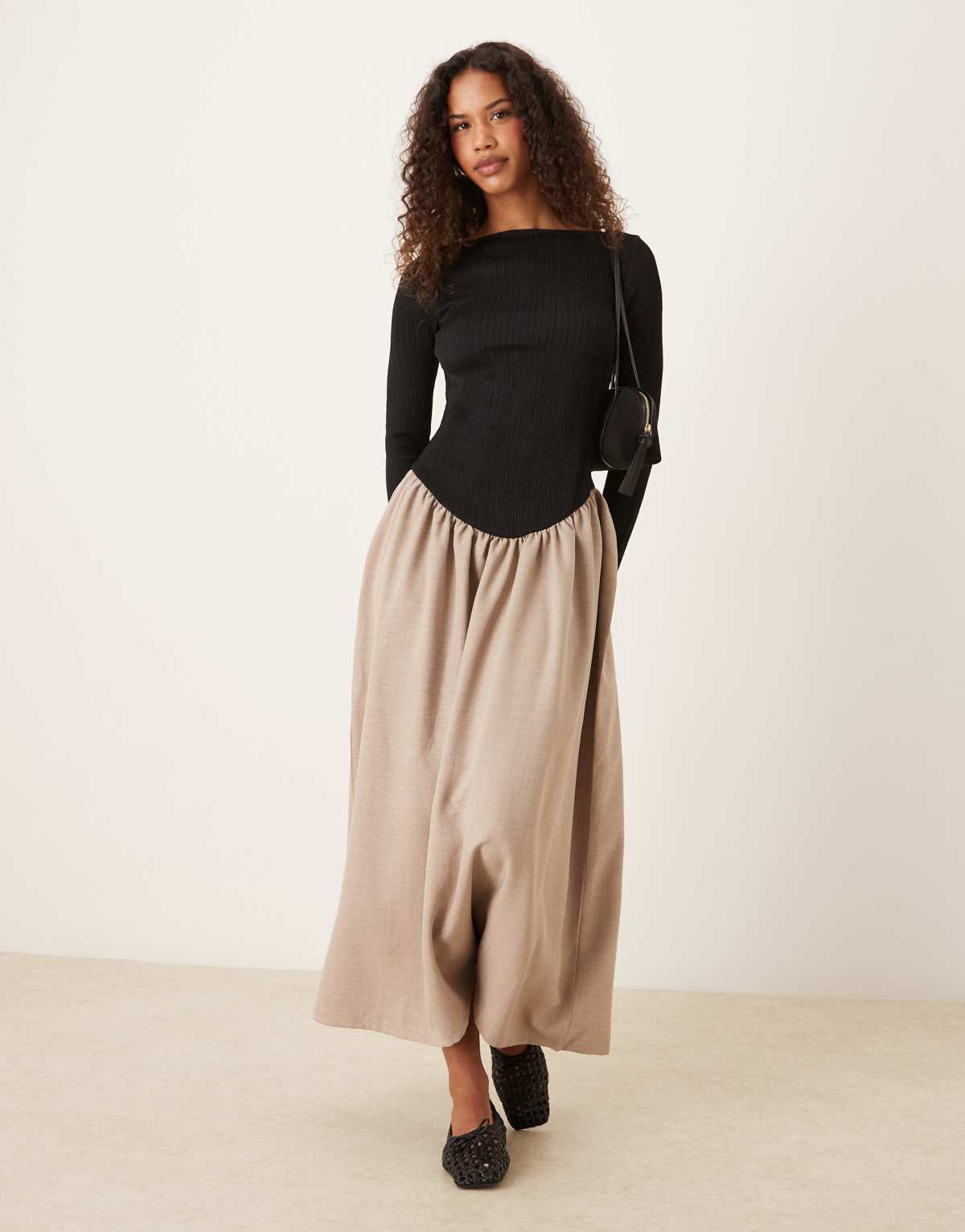ASOS DESIGN long sleeve slash neck dipped dropped waist midi in black and beige