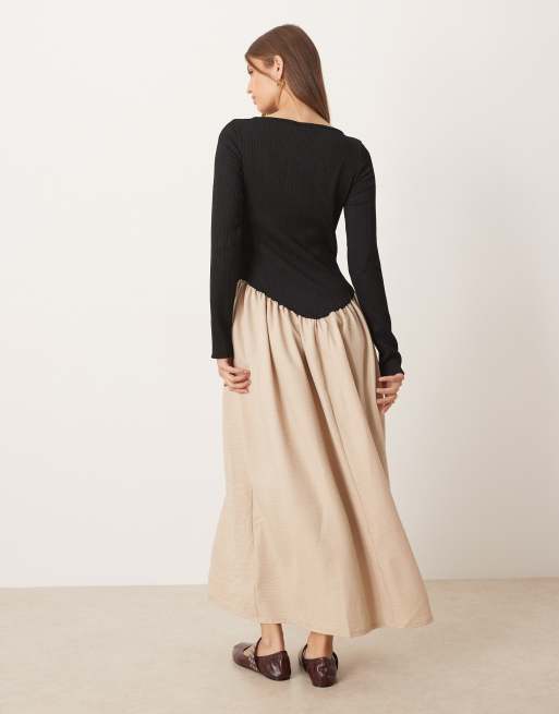 ASOS DESIGN long sleeve slash neck dipped dropped waist midi in black and beige, 3 of 4