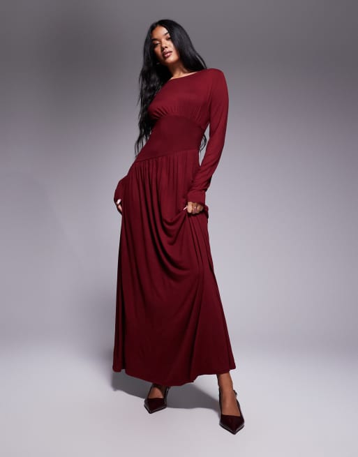 ASOS DESIGN long sleeve slash neck seam detail maxi dress in wine