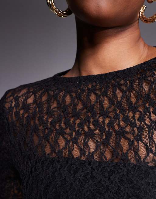 ASOS DESIGN long sleeve slash neck spliced lace mix maxi dress in black, 3 of 4