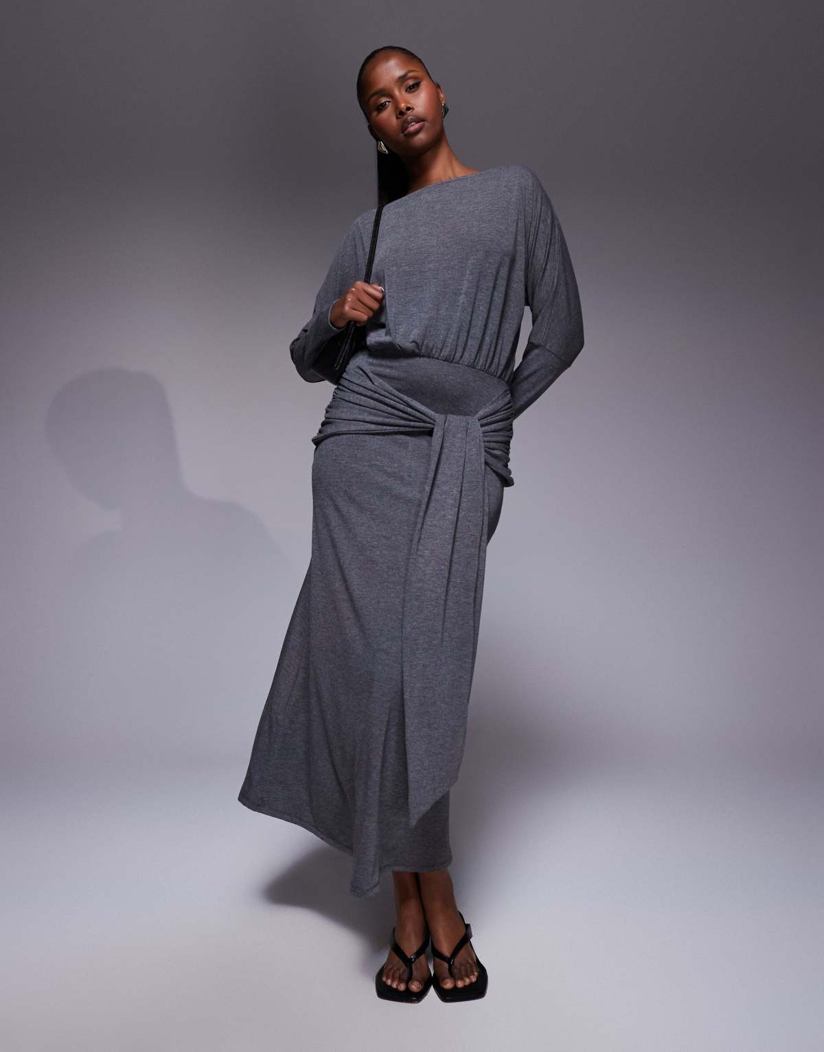 ASOS DESIGN long sleeve slash neck tie blouson front maxi dress in charcoal