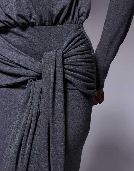 ASOS DESIGN long sleeve slash neck tie blouson front maxi dress in charcoal, 2 of 4
