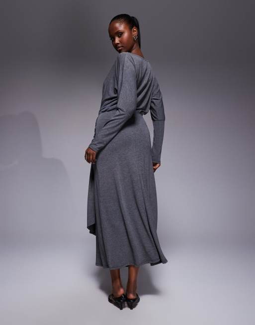 ASOS DESIGN long sleeve slash neck tie blouson front maxi dress in charcoal, 3 of 4