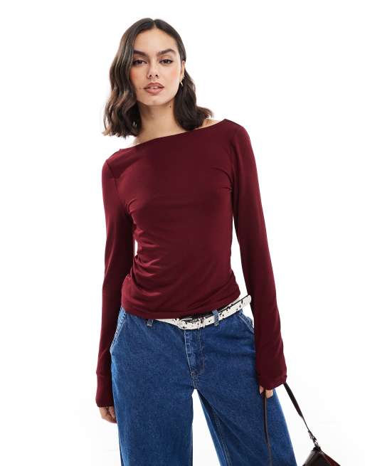 ASOS DESIGN long sleeve slash neck top with button detail in burgundy