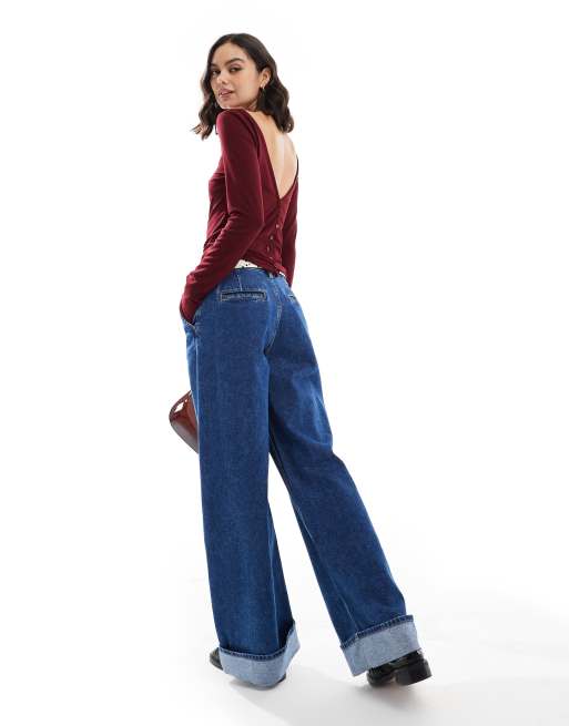ASOS DESIGN long sleeve slash neck top with button detail in burgundy