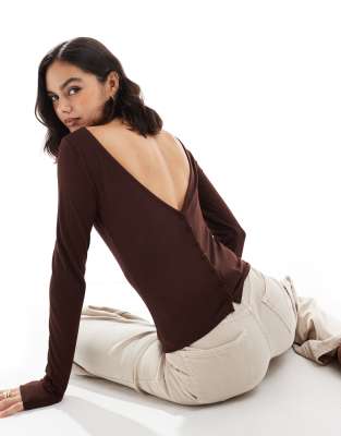 ASOS DESIGN long sleeve slash neck top with button detail in chocolate brown - view 1