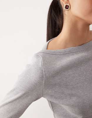 Asos Design Long Sleeve Slash Neck Top With Curved Hem Detail In Multi