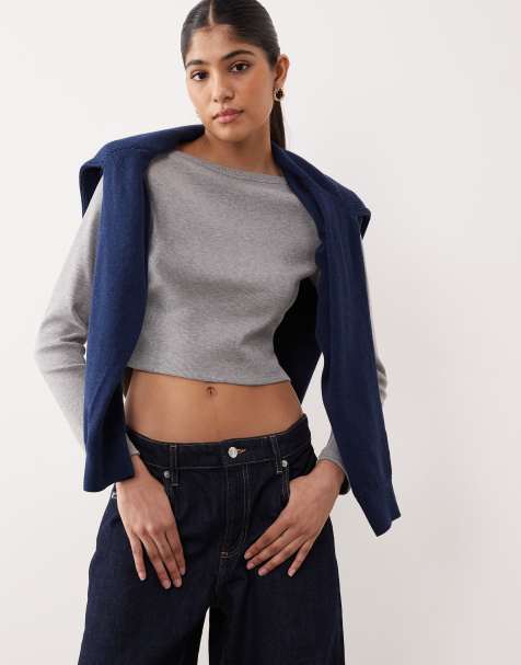 ASOS DESIGN long sleeve slash neck top with curved hem detail in grey marl - view 1