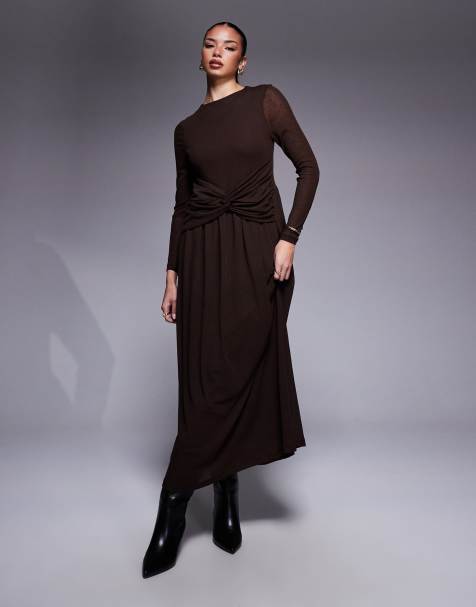 ASOS DESIGN long sleeve slash neck twist detail maxi dress in dark brown - view 1