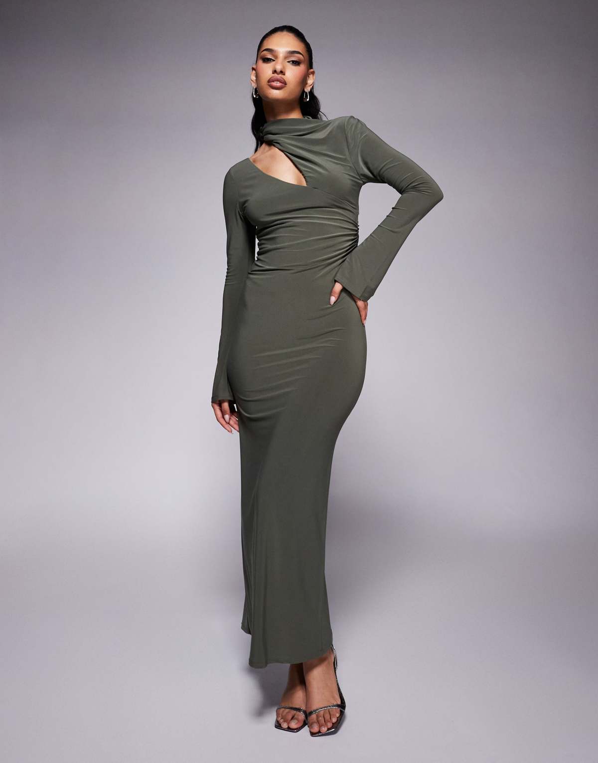 ASOS DESIGN long sleeve slash shoulder maxi dress with ruched bodice detail in green
