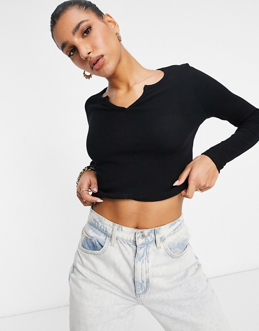 ASOS DESIGN long sleeve slim fit crop top with notch neck in black