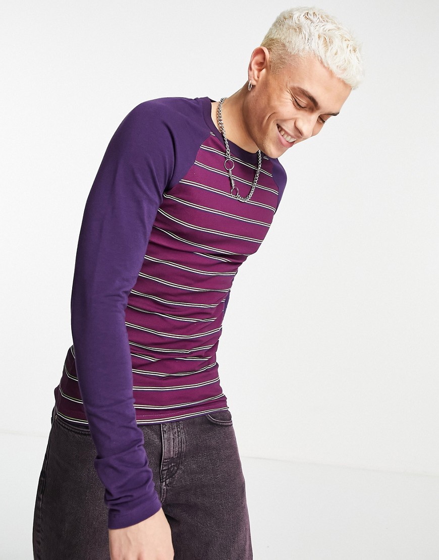 ASOS DESIGN long sleeve slim stripe t-shirt in purple