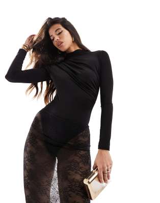 Asos Design Long Sleeve Bodysuit With Turtleneck In Black In Black