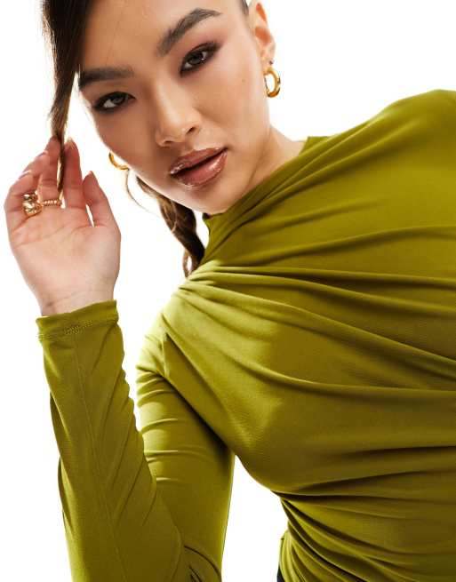 ASOS DESIGN long sleeve slinky draped bodysuit in green , 3 of 4