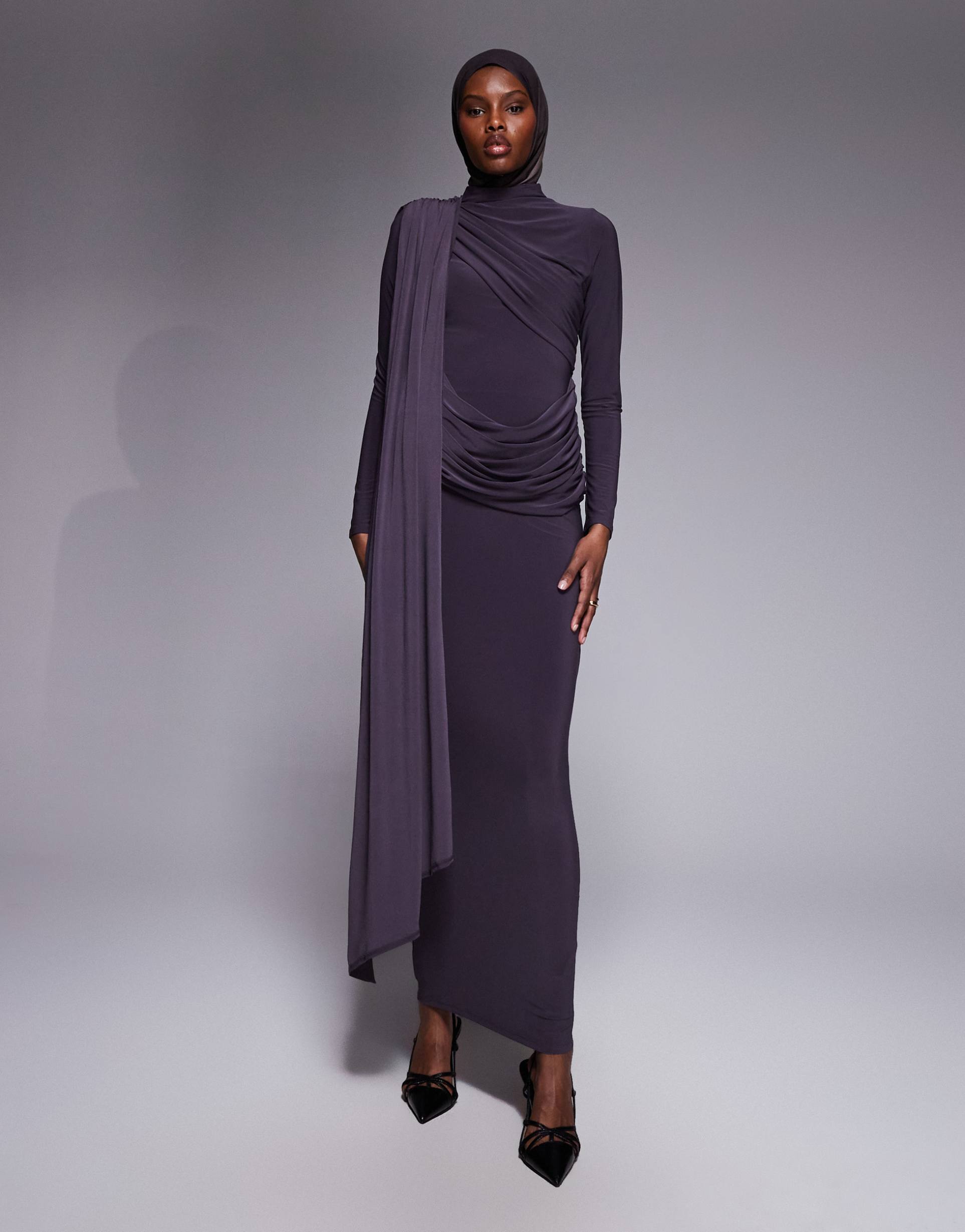 asos design long sleeve slinky draped maxi dress in slate gray
