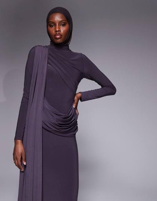 ASOS DESIGN long sleeve slinky draped maxi dress in slate gray, 2 of 4