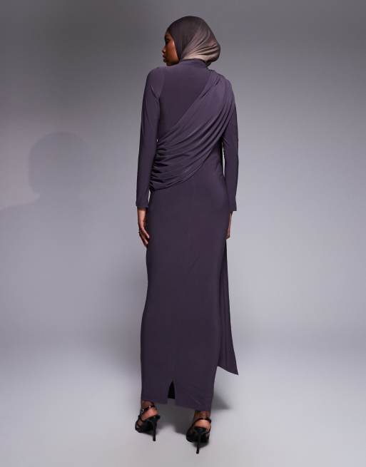 ASOS DESIGN long sleeve slinky draped maxi dress in slate grey, 4 of 4
