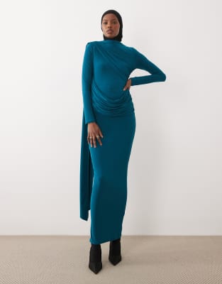 ASOS DESIGN long sleeve slinky draped maxi dress in teal-Blue