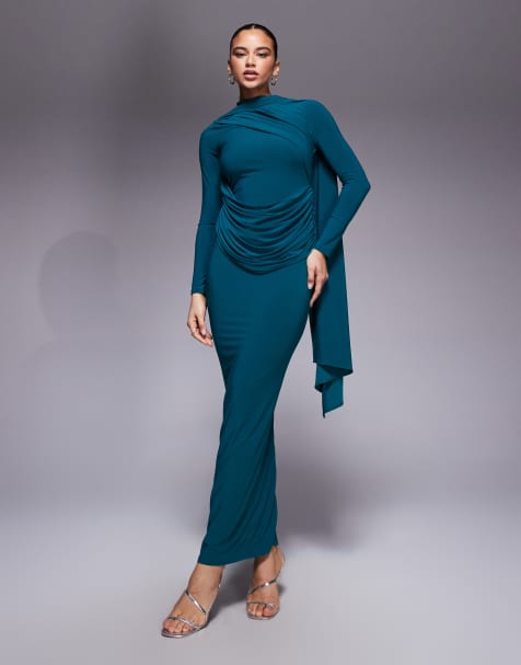 ASOS DESIGN long sleeve slinky draped maxi dress in teal - view 1
