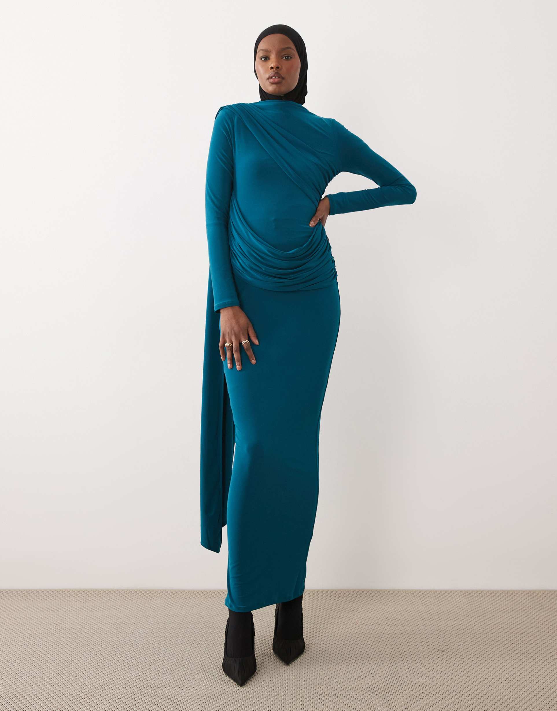 asos design long sleeve slinky draped maxi dress in teal