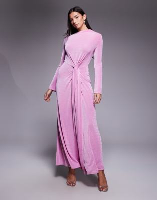 Asos Design Long Sleeve Slinky Maxi Dress With Knot Detail In Pink