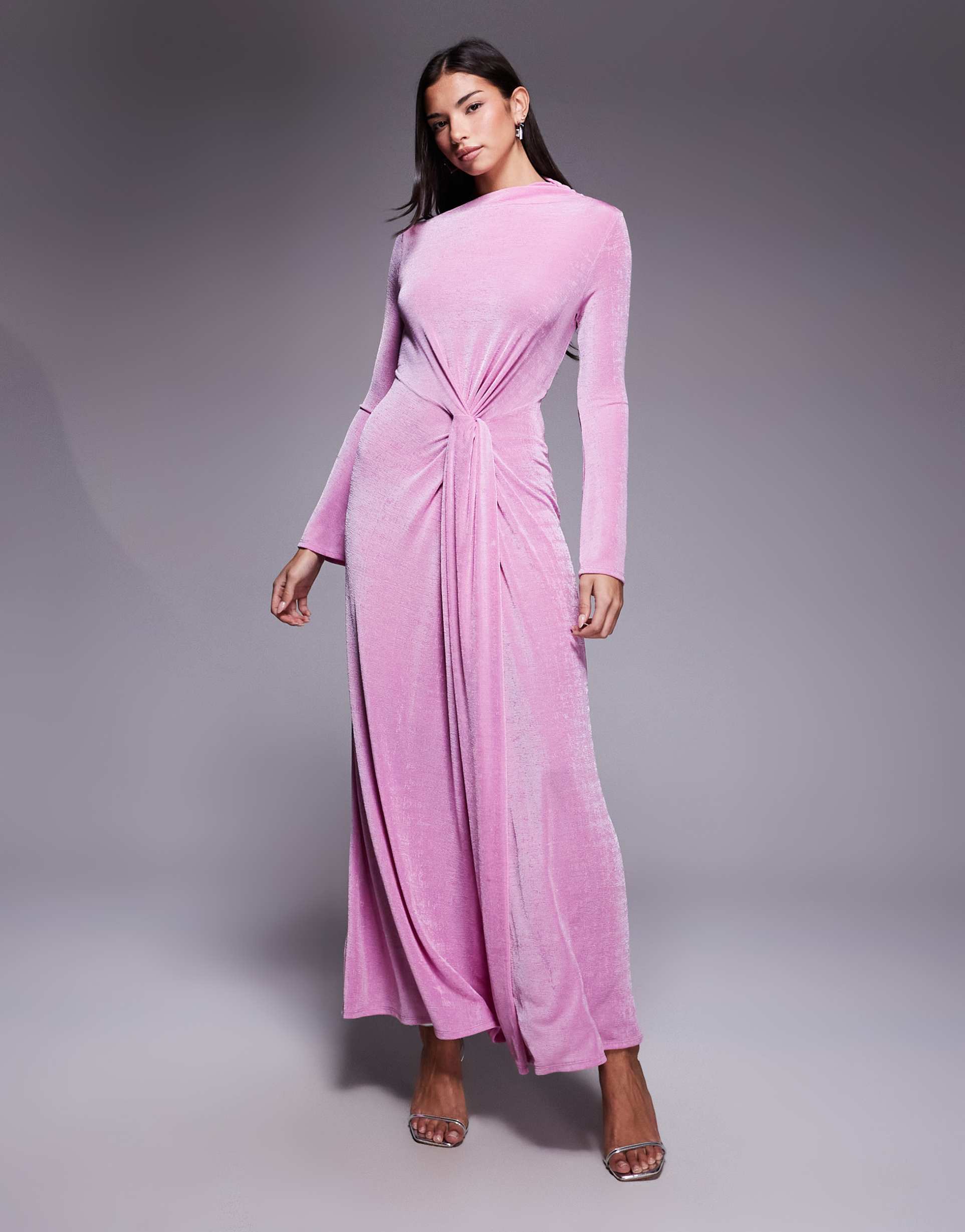 asos design long sleeve slinky maxi dress with knot detail in pink