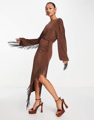 Asos Design Long Sleeve Slinky Midi Dress With Fringing In Brown