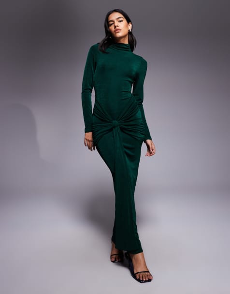 ASOS DESIGN long sleeve slinky with sash and tie drape detail and open back maxi dress in forest green