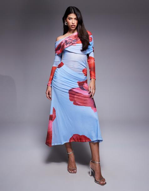 ASOS DESIGN long sleeve slouchy bardot mesh mix maxi dress in floral print - view 1