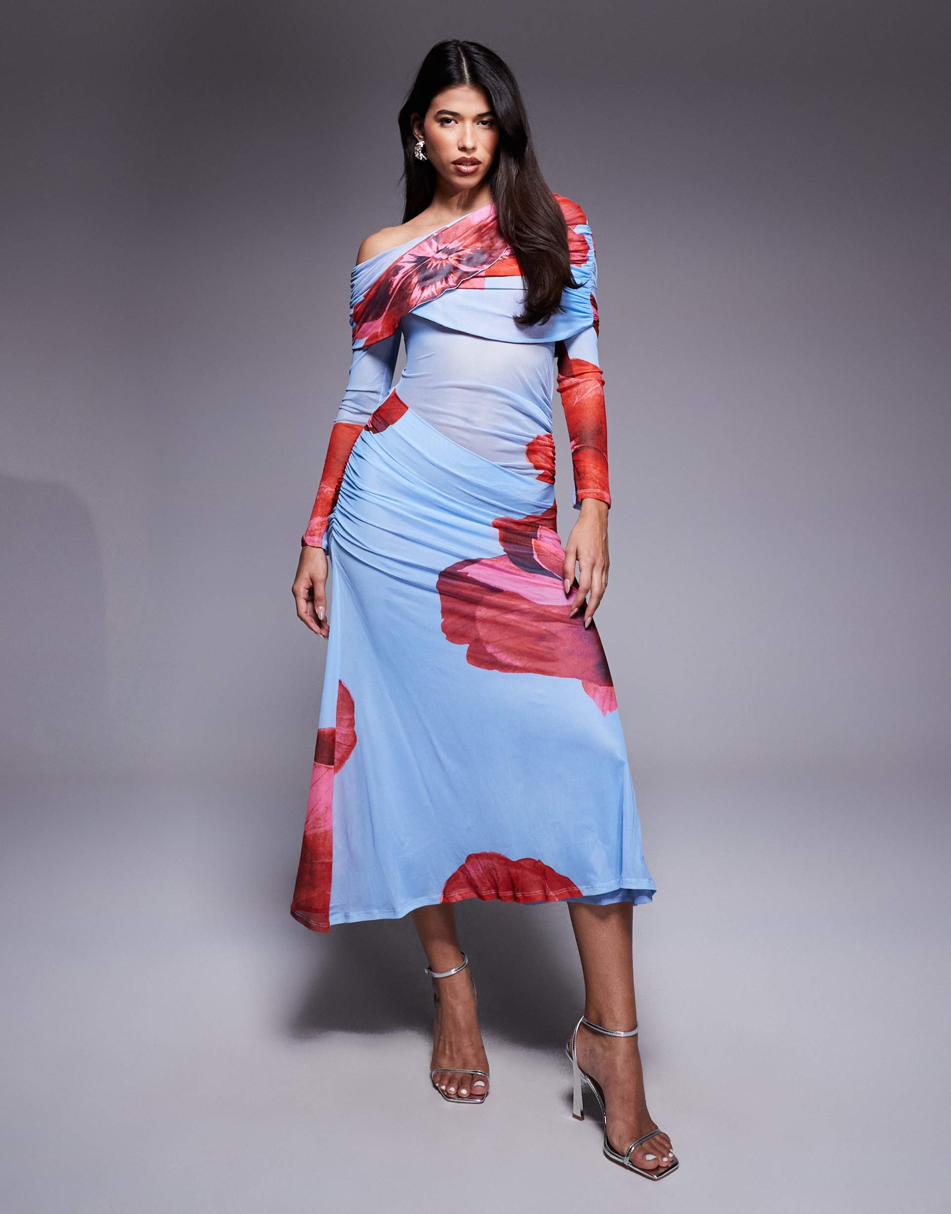 asos design long sleeve slouchy bardot mesh mix maxi dress in floral print