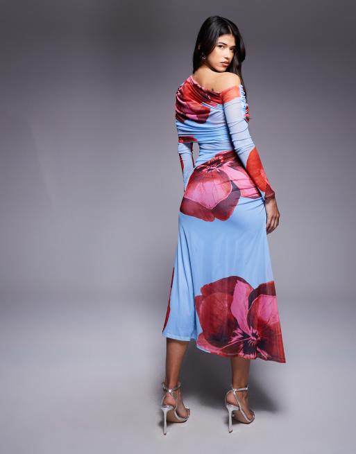 ASOS DESIGN long sleeve slouchy bardot mesh mix maxi dress in floral print