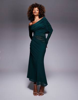Asos Design Long Sleeve Slouchy Bardot Mesh Mix Maxi Dress In Khaki-green