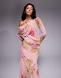 [ASOS DESIGN] ASOS DESIGN long sleeve slouchy bardot mesh mix maxi dress in pink floral print-Multi M Pink floral print