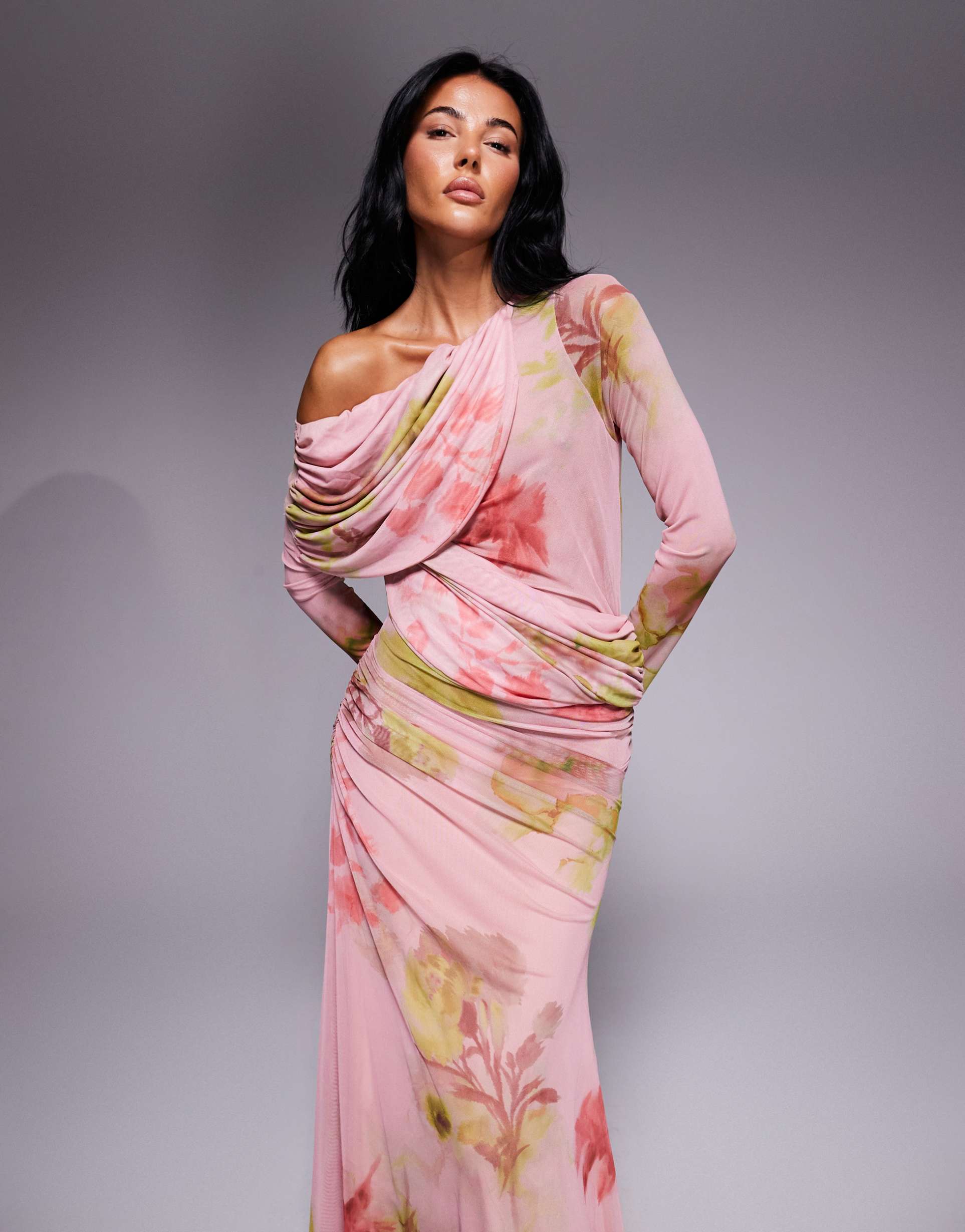 asos design long sleeve slouchy bardot mesh mix maxi dress in pink floral print