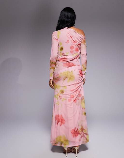 ASOS DESIGN long sleeve slouchy bardot mesh mix maxi dress in pink floral print