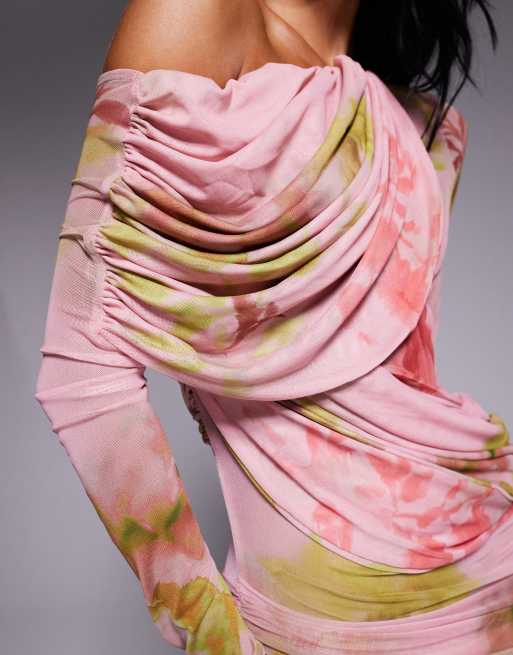 ASOS DESIGN long sleeve slouchy bardot mesh mix maxi dress in pink floral print