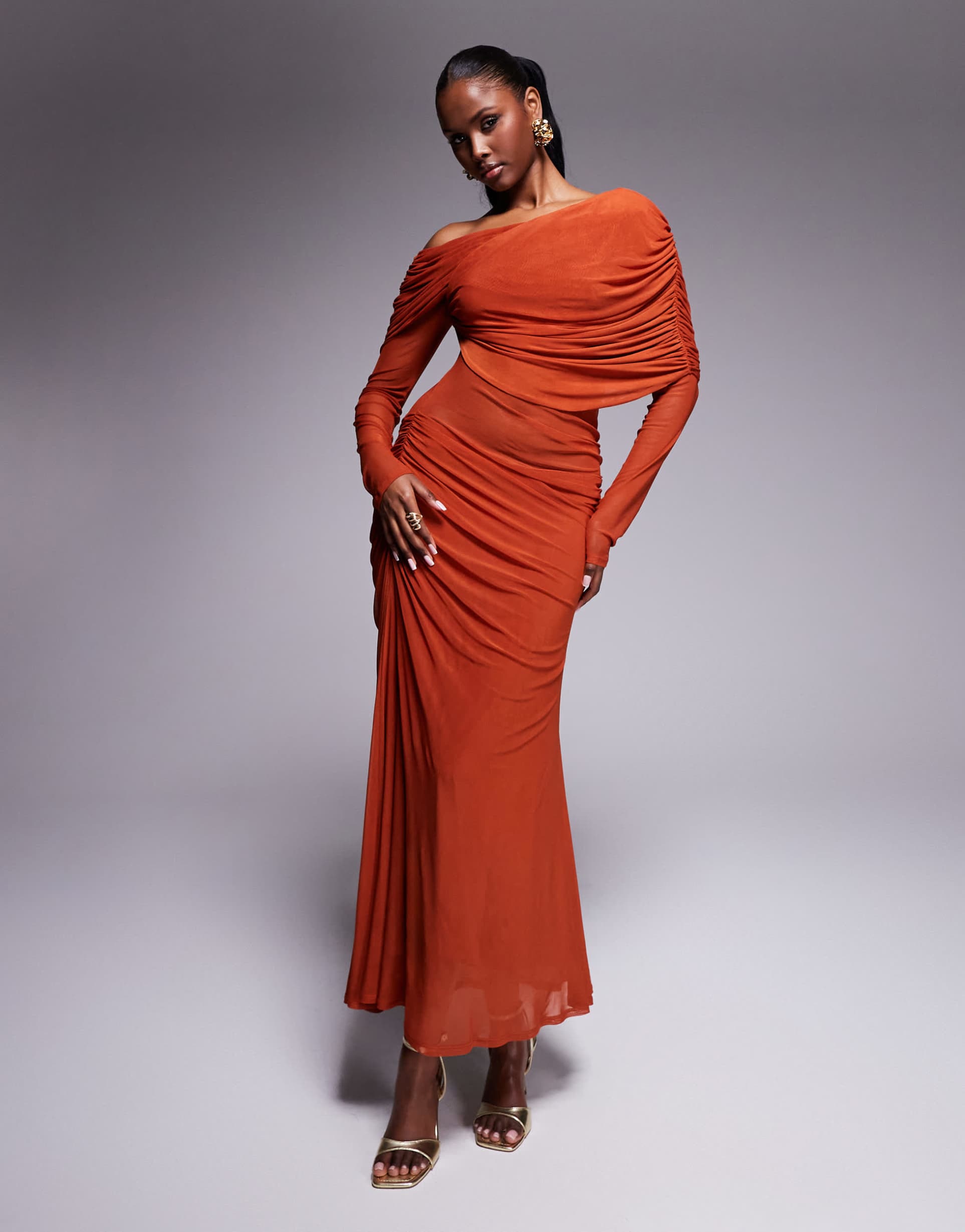 asos design long sleeve slouchy bardot mesh mix maxi dress in rust