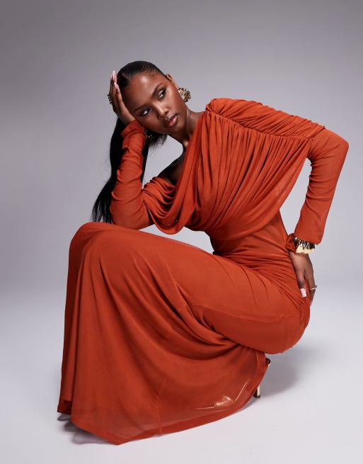 ASOS DESIGN long sleeve slouchy bardot mesh mix maxi dress in rust