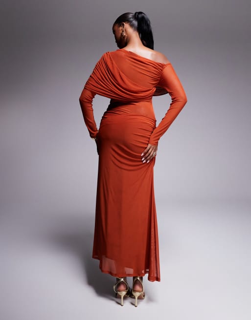 ASOS DESIGN long sleeve slouchy bardot mesh mix maxi dress in rust