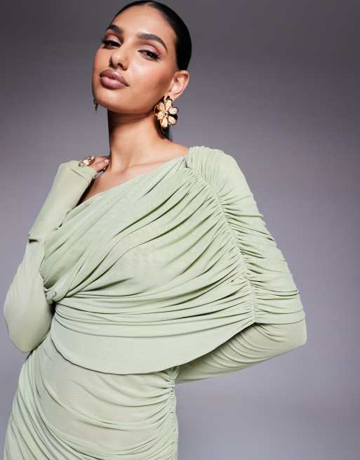 ASOS DESIGN long sleeve slouchy bardot mesh mix maxi dress in sage green