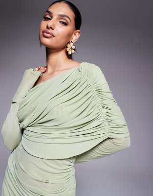 ASOS DESIGN long sleeve slouchy bardot mesh mix maxi dress in sage green