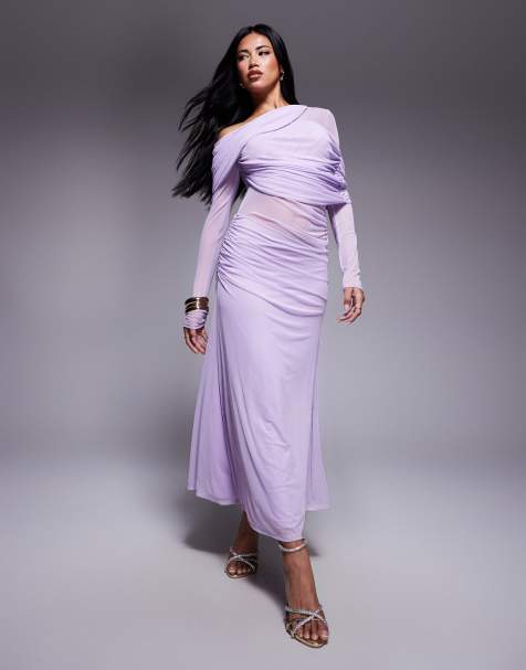 ASOS DESIGN long sleeve slouchy off the shoulder mesh mix maxi dress in lilac - view 1