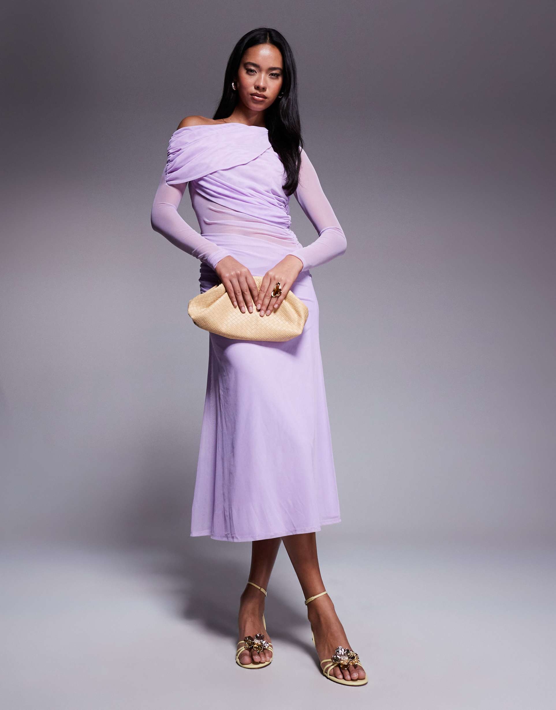 asos design long sleeve slouchy off the shoulder mesh mix maxi dress in lilac