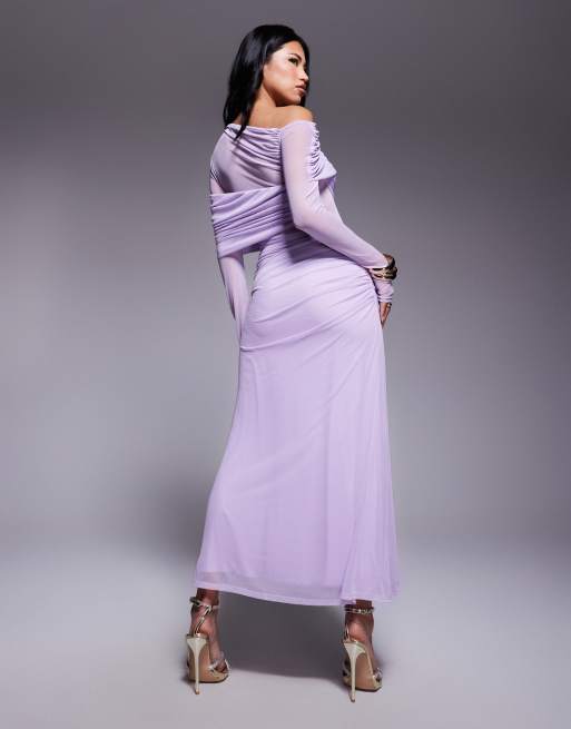 ASOS DESIGN long sleeve slouchy off the shoulder mesh mix maxi dress in lilac