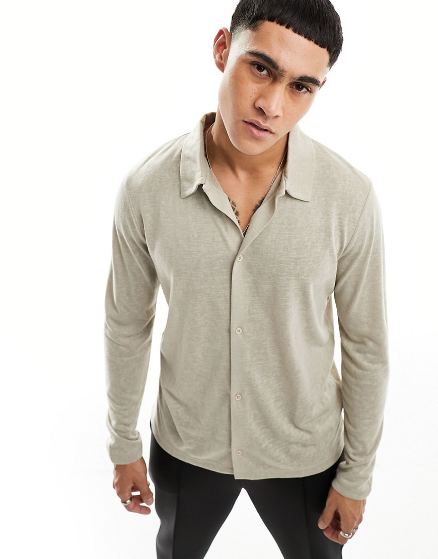 ASOS DESIGN long sleeve slub textured polo shirt in beige-Neutral