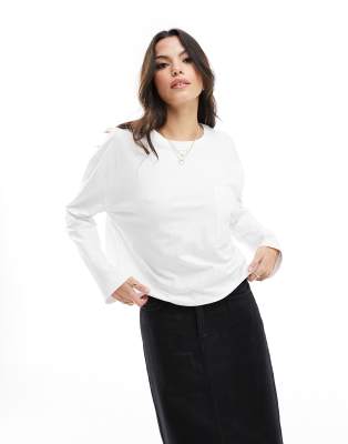 Asos Design Off Shoulder Long Sleeve T-shirt In Crinkle White