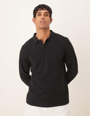 ASOS DESIGN long sleeve smart pique polo in black