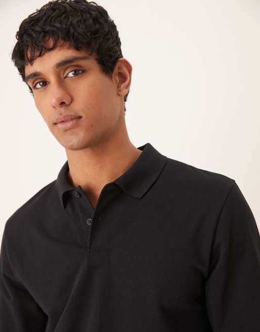 ASOS DESIGN long sleeve smart pique polo in black
