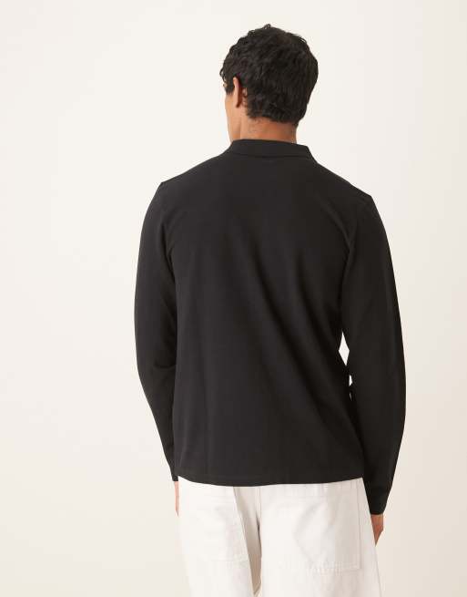 ASOS DESIGN long sleeve smart pique polo in black
